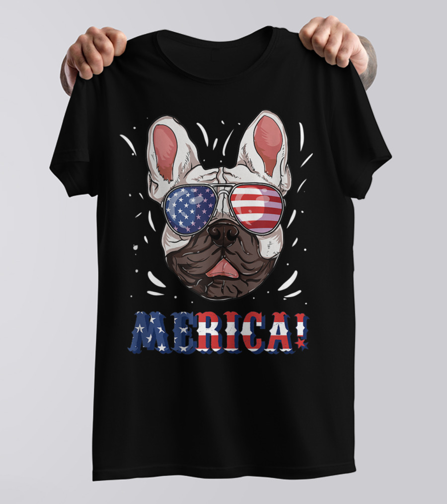 Frenchie Merica Patriotic Glasses USA T-Shirt