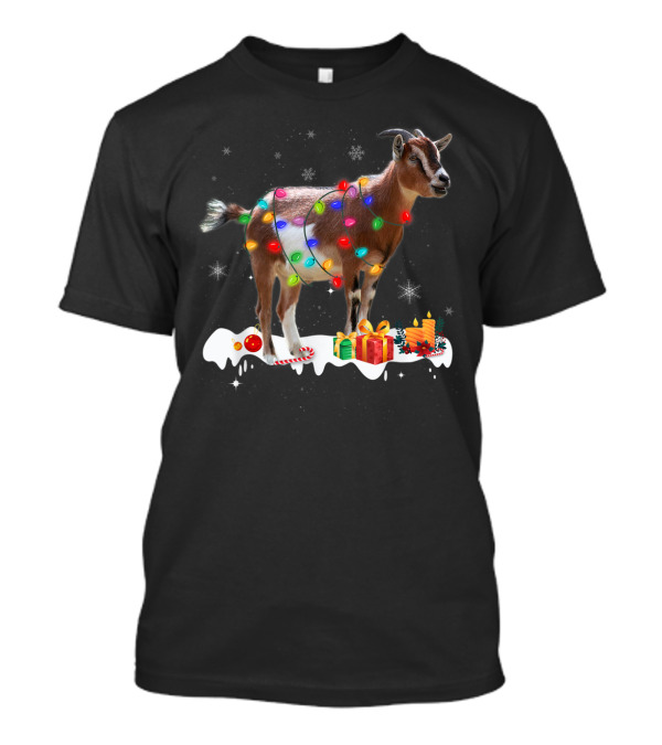 Christmas Goat Wrapped In Colorful Holiday Lights Snow Gifts Candles T-Shirt