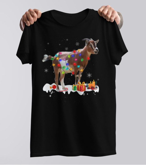 Christmas Goat Wrapped In Colorful Holiday Lights Snow Gifts Candles T-Shirt