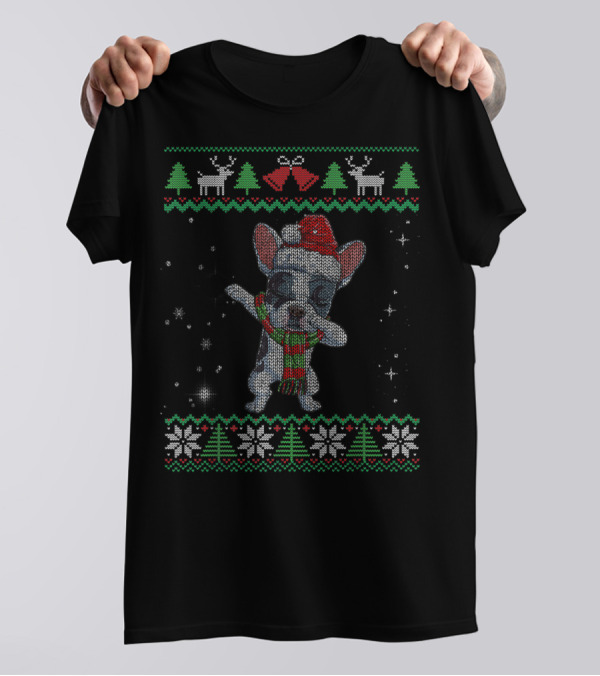 Dabbing French Bulldog Santa Ugly Christmas Sweater Reindeer Trees Snowflakes T-Shirt