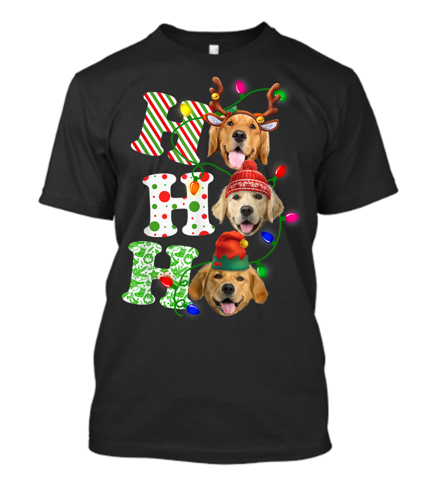 Christmas Ho Ho Ho Golden Retriever With Festive Lights And Holiday Hats T-Shirt