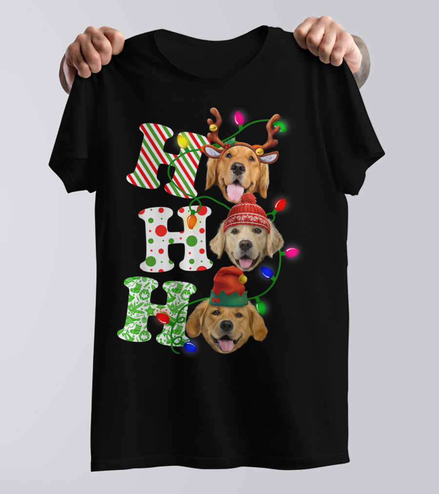 Christmas Ho Ho Ho Golden Retriever With Festive Lights And Holiday Hats T-Shirt