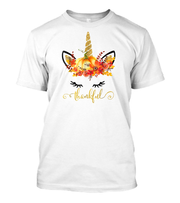 Unicorn Pumpkin Floral Thankful Thanksgiving T-Shirt