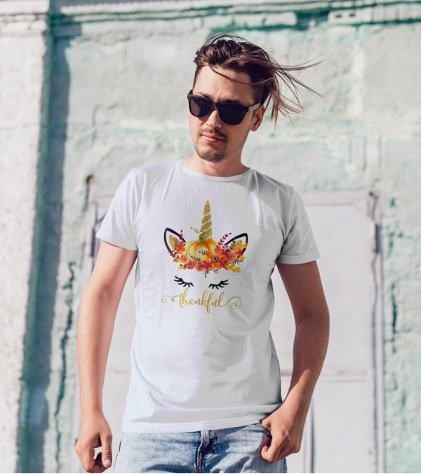 Unicorn Pumpkin Floral Thankful Thanksgiving T-Shirt