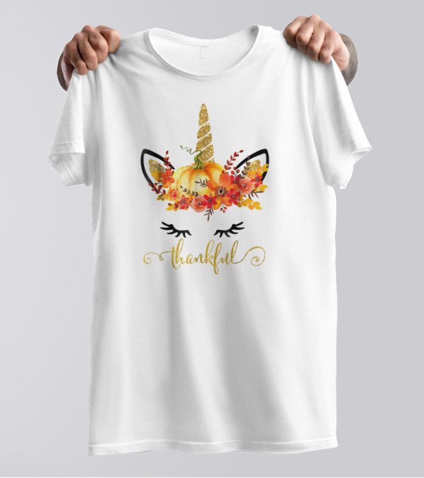 Unicorn Pumpkin Floral Thankful Thanksgiving T-Shirt