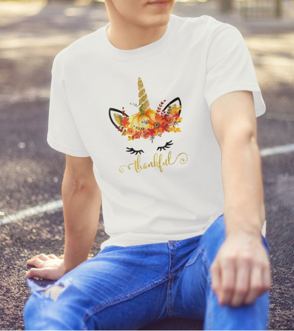 Unicorn Pumpkin Floral Thankful Thanksgiving T-Shirt