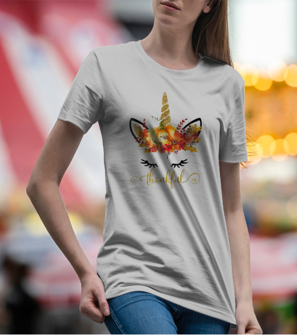 Unicorn Pumpkin Floral Thankful Thanksgiving T-Shirt