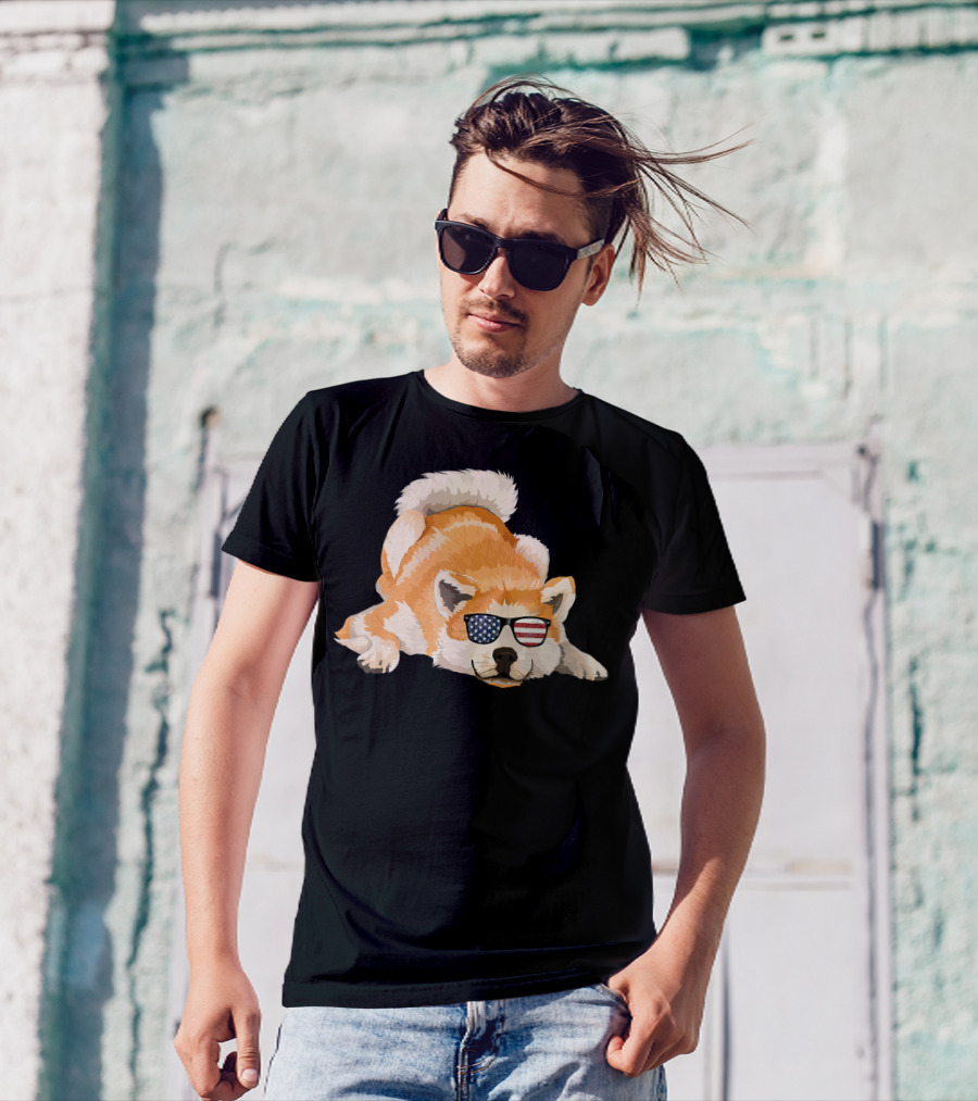 Akita Inu With American Flag Sunglasses USA 4th Of July T-Shirt