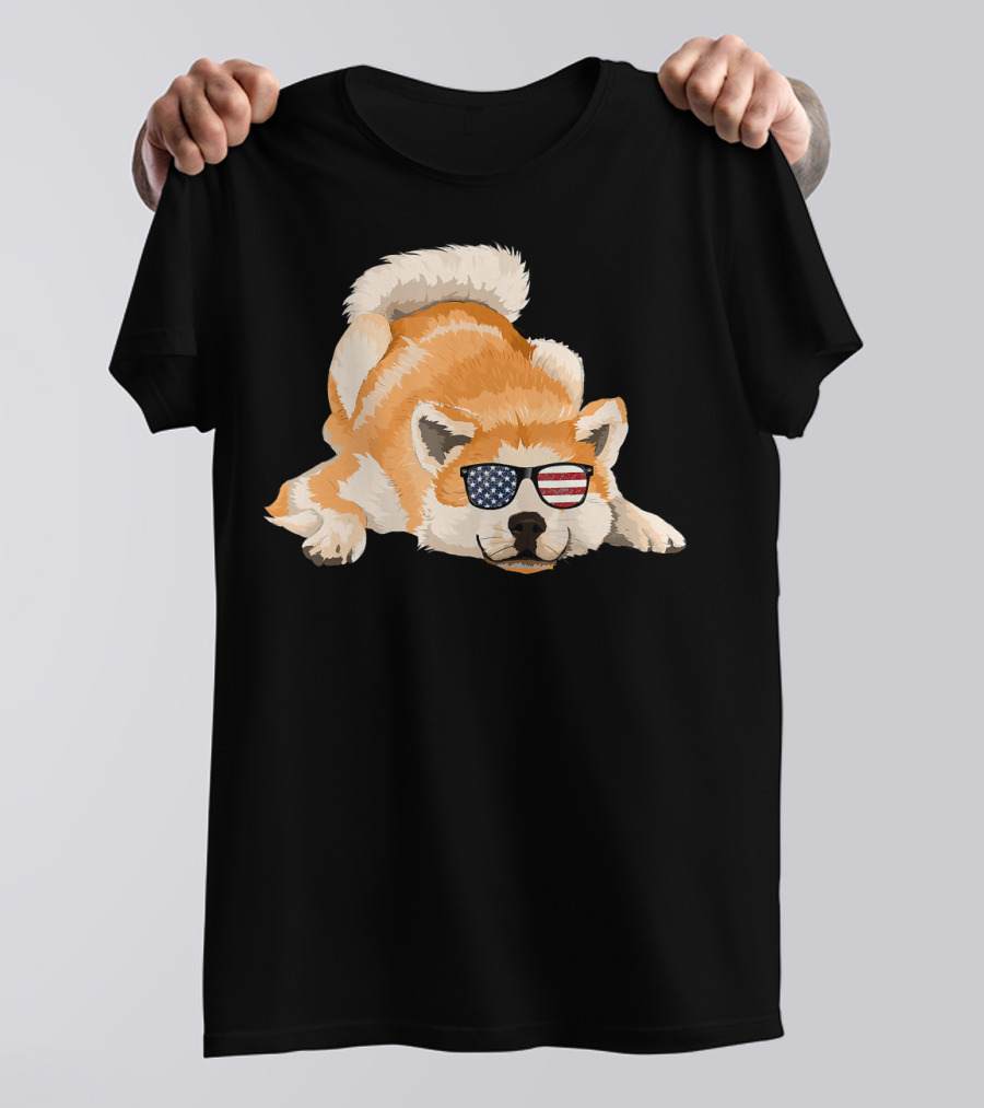 Akita Inu With American Flag Sunglasses USA 4th Of July T-Shirt