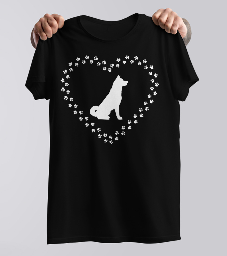 Akita Dog Silhouette In Paw Print Heart T-Shirt