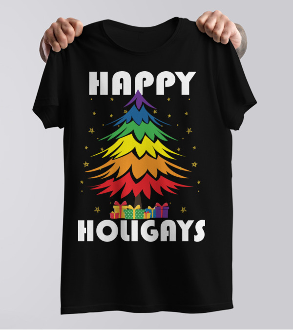 Happy Holigays Rainbow Christmas Tree And Presents T-Shirt