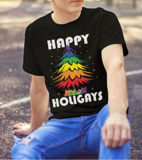 Happy Holigays Rainbow Christmas Tree And Presents T-Shirt