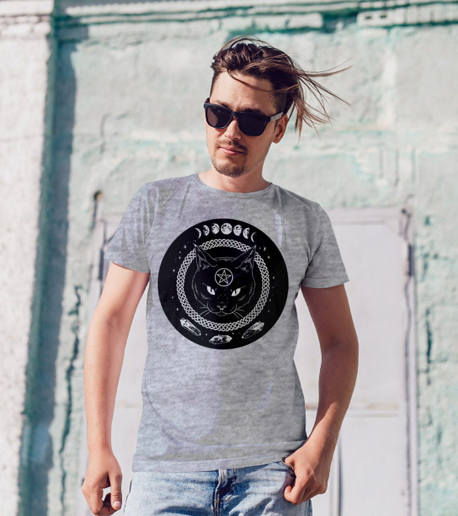 Cat Moon Magic Pentacle Phases Crystals Lunar Cycle T-Shirt