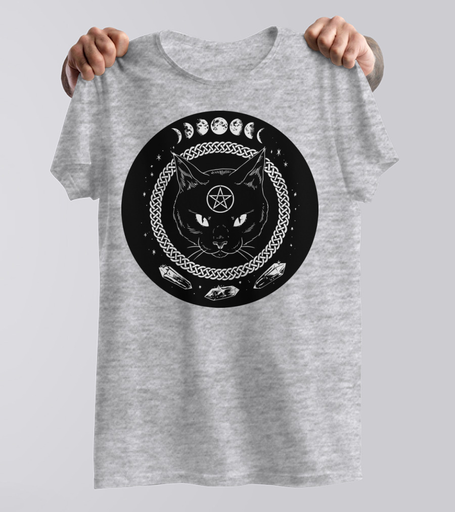 Cat Moon Magic Pentacle Phases Crystals Lunar Cycle T-Shirt
