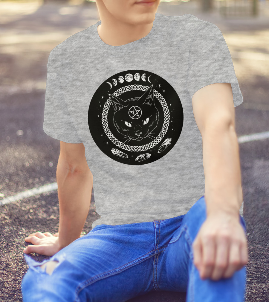 Cat Moon Magic Pentacle Phases Crystals Lunar Cycle T-Shirt