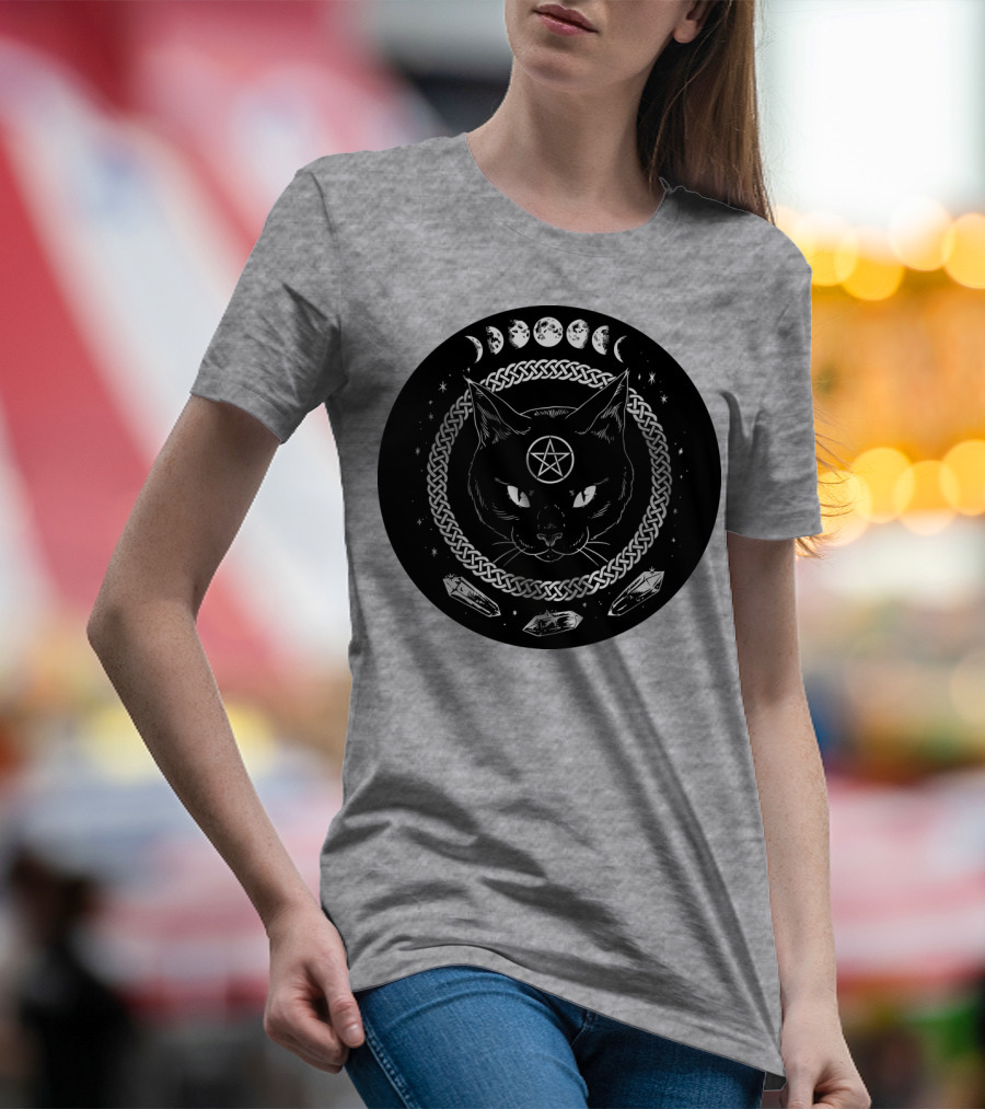 Cat Moon Magic Pentacle Phases Crystals Lunar Cycle T-Shirt