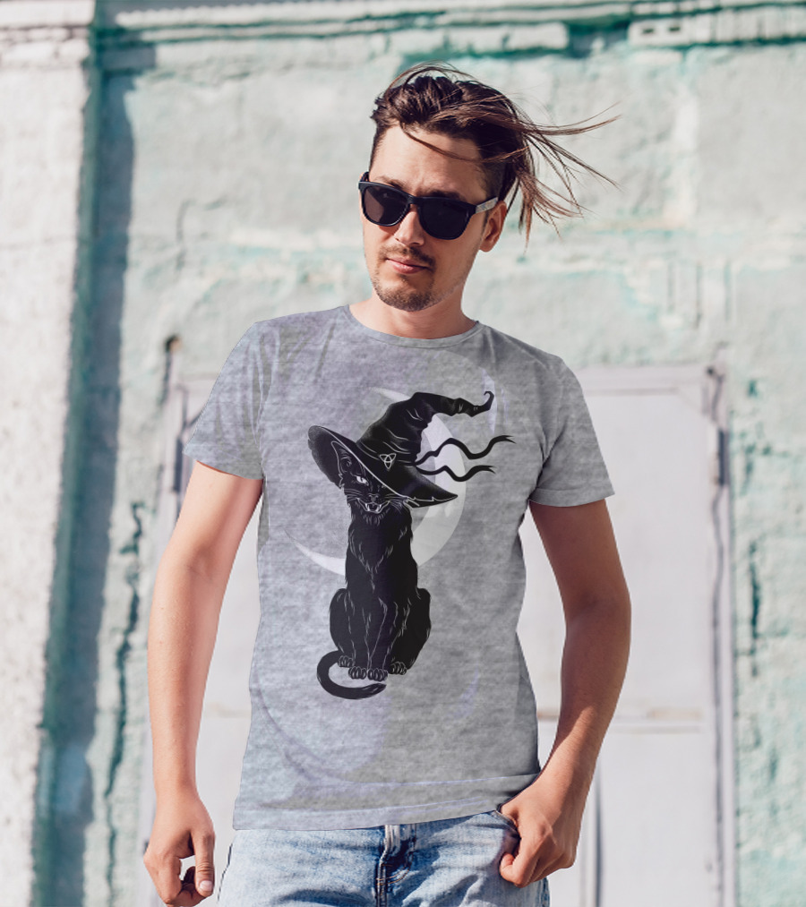 Cat Witch With Crescent Moon And Magic Hat T-Shirt
