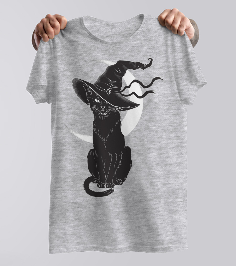 Cat Witch With Crescent Moon And Magic Hat T-Shirt