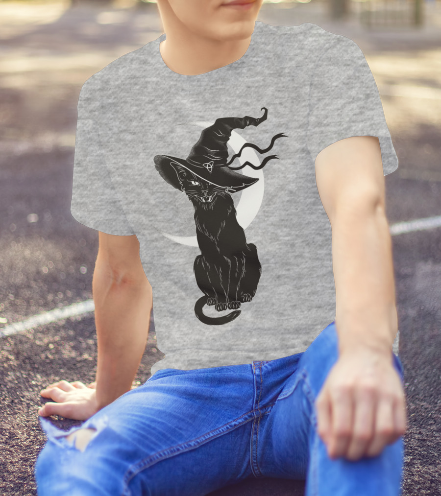 Cat Witch With Crescent Moon And Magic Hat T-Shirt