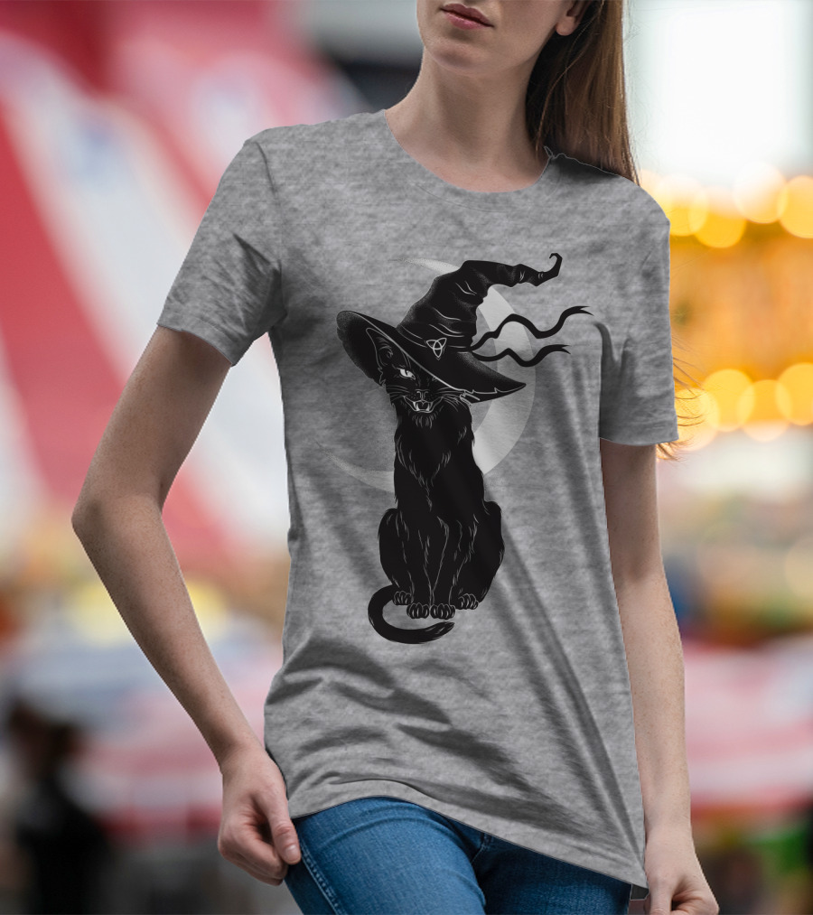 Cat Witch With Crescent Moon And Magic Hat T-Shirt