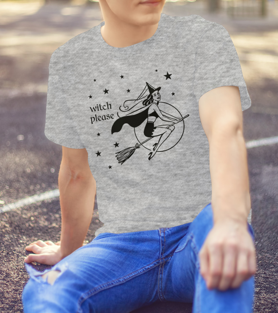 Witch Please Vintage Flying Witch Broomstick Moon Stars T-Shirt