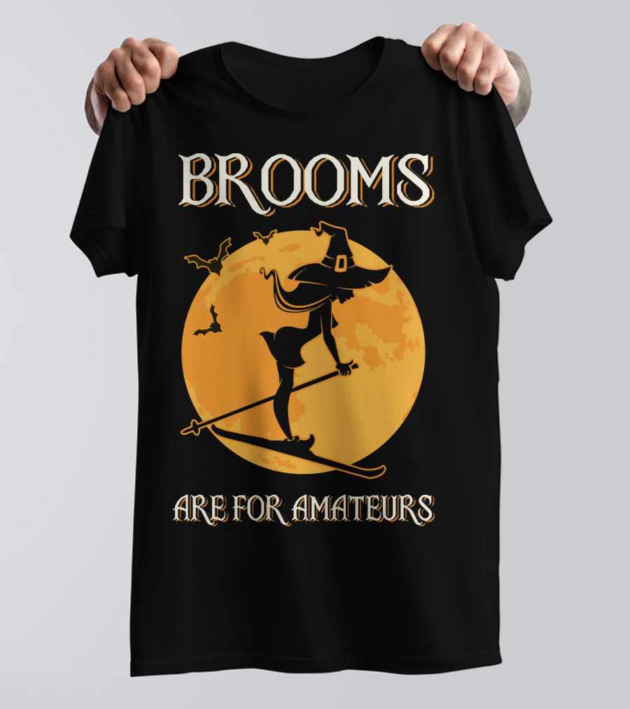 Brooms Are For Amateurs Witch Skiing Silhouette Halloween Moon T-Shirt