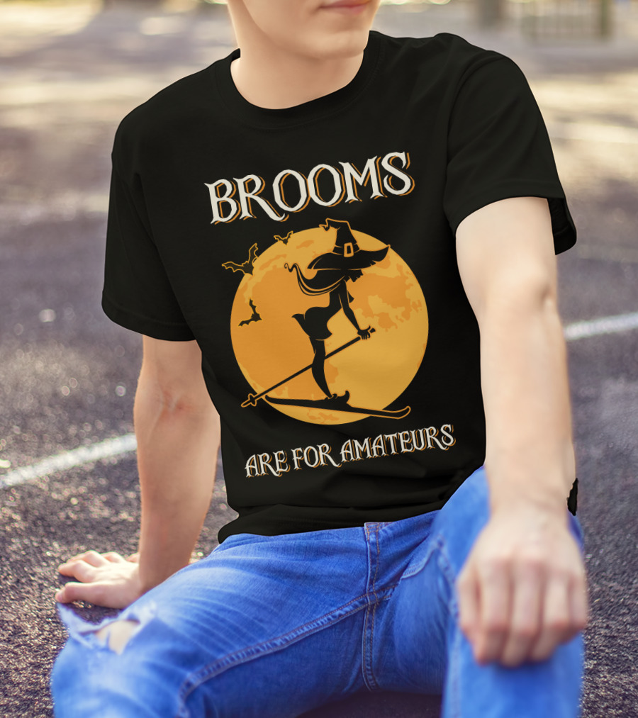 Brooms Are For Amateurs Witch Skiing Silhouette Halloween Moon T-Shirt