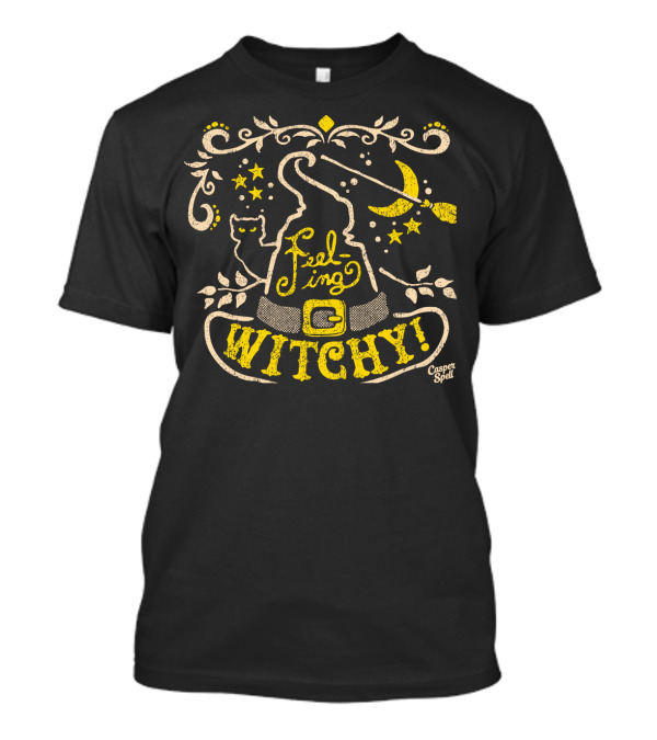 Feeling Witchy Casper Spell Moon Stars Cat Broomstick Hat T-Shirt