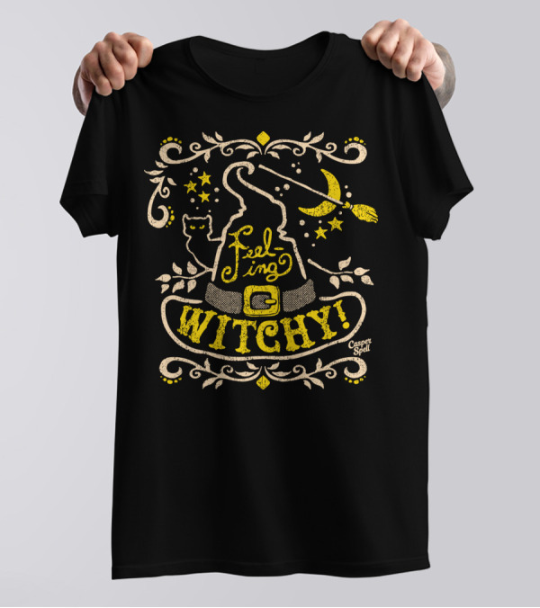 Feeling Witchy Casper Spell Moon Stars Cat Broomstick Hat T-Shirt