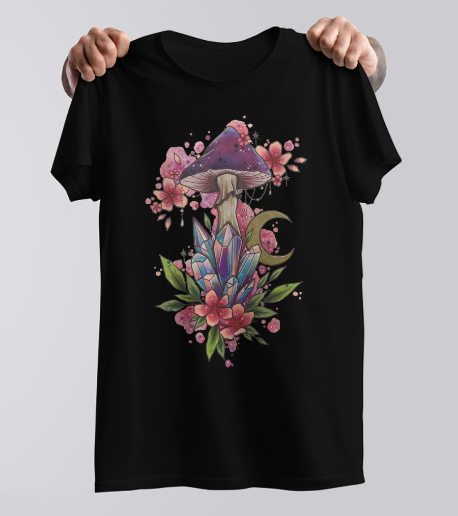 Mushroom Magic Crystal Moon Blossoms With Celestial Floral Accents T-Shirt