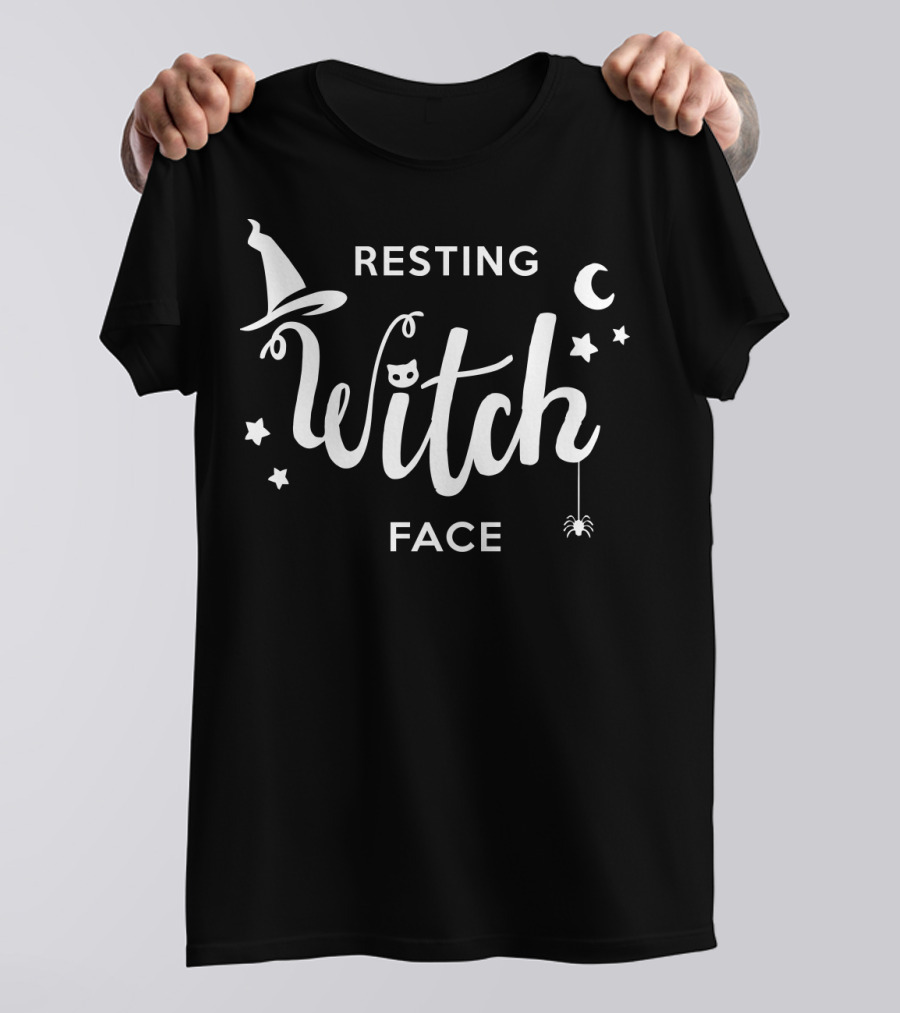 Resting Witch Face Hat Stars Moon Spider Cat T-Shirt