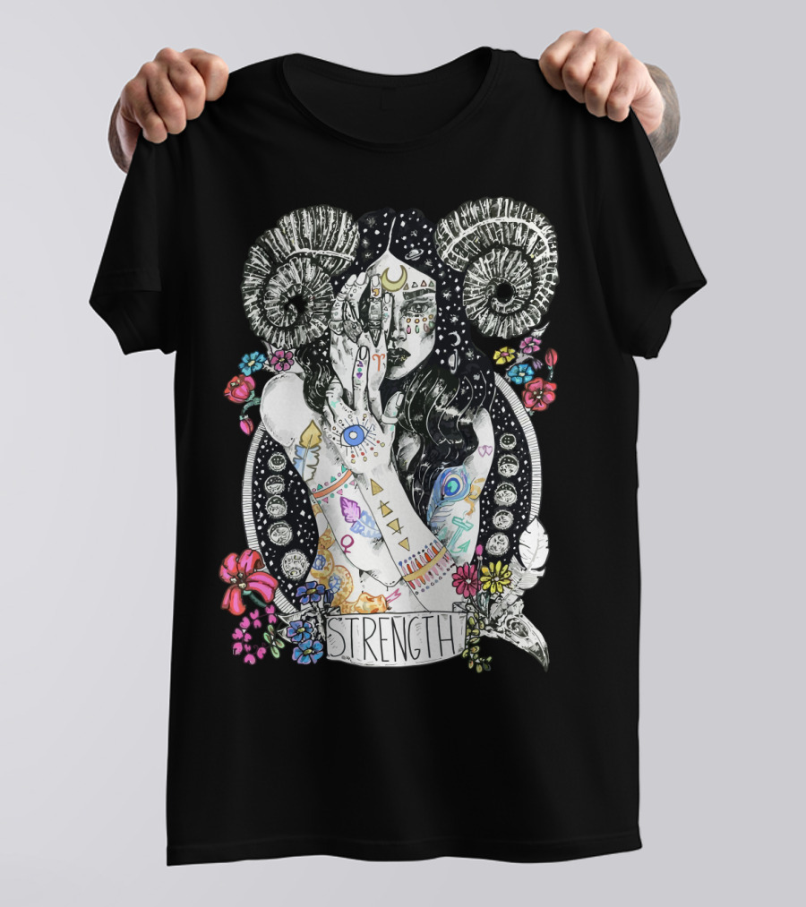 Strength Zodiac Goddess With Symbols And Flowers T-Shirt