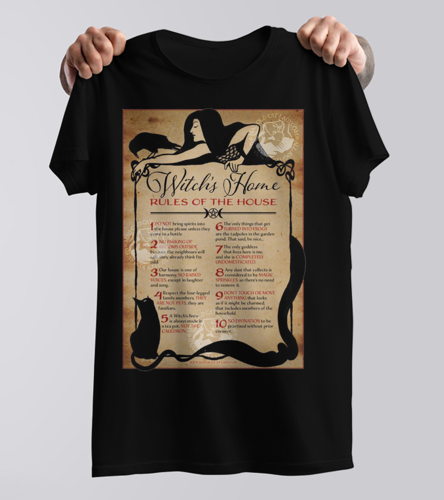 Witch's Home Rules Of The House Guide With Black Cat, Raven, Potion, Magic, And Enchanting Text Elements T-Shirt