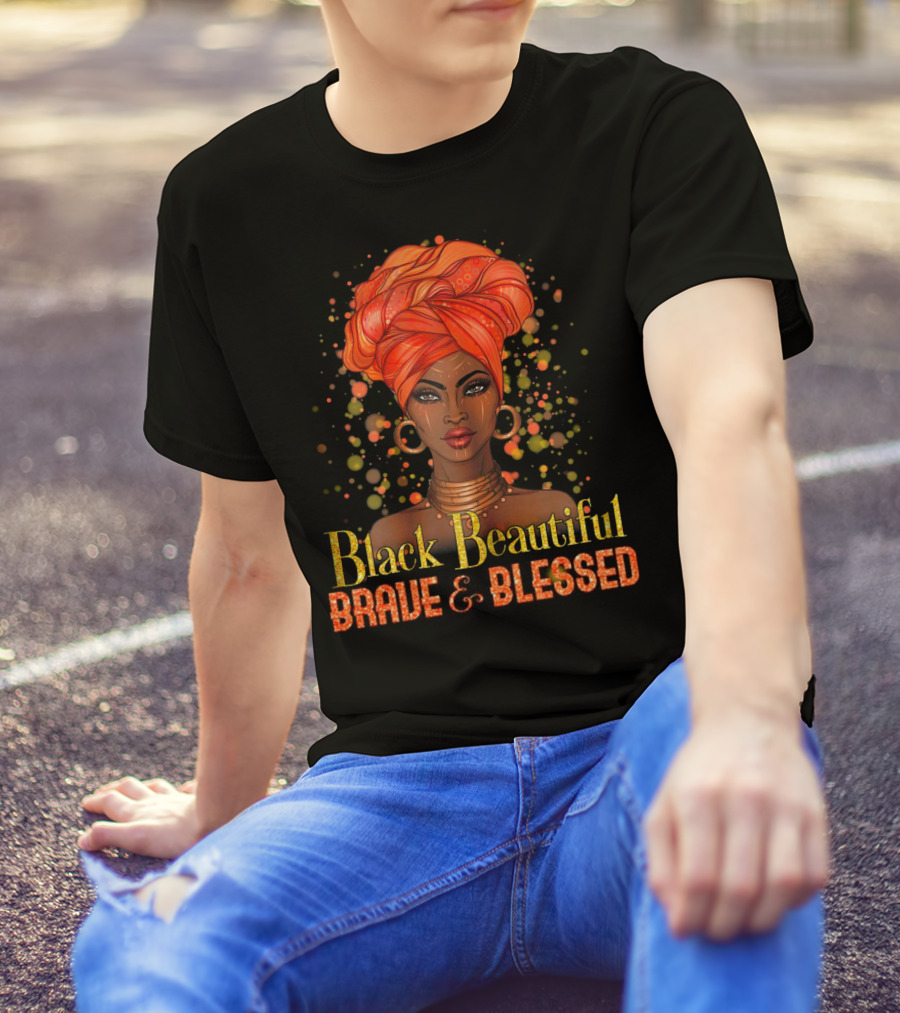 Black Beautiful Brave And Blessed African Woman With Orange Headwrap T-Shirt