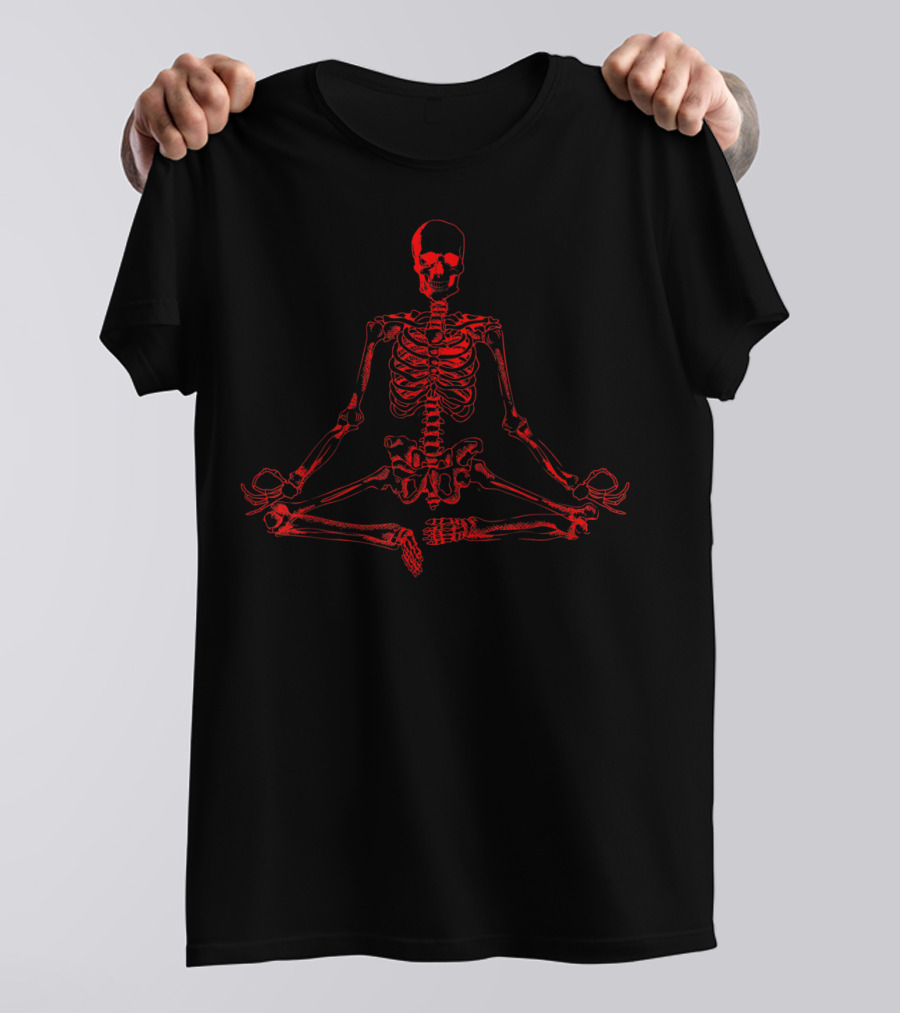 Halloween Meditating Skeleton Red Funny Freaky T-Shirt