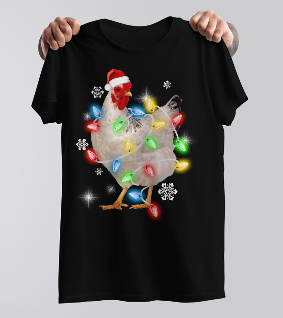 Chicken Noel Christmas Lights Santa Hat Snowflakes T-Shirt