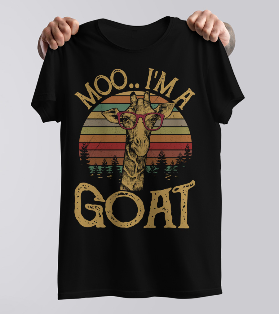 Moo I'm A Goat Retro Giraffe With Glasses And Forest Sunset T-Shirt