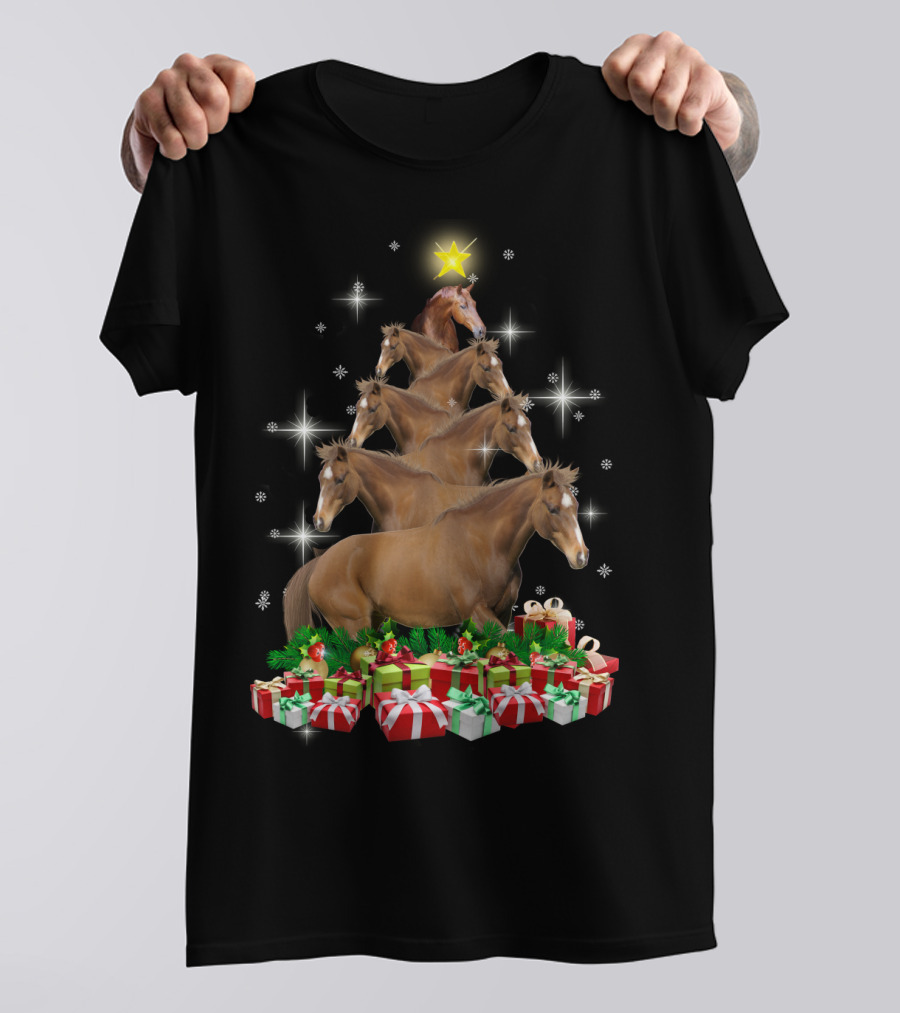 Horse Christmas Tree With Star And Gifts T-Shirt