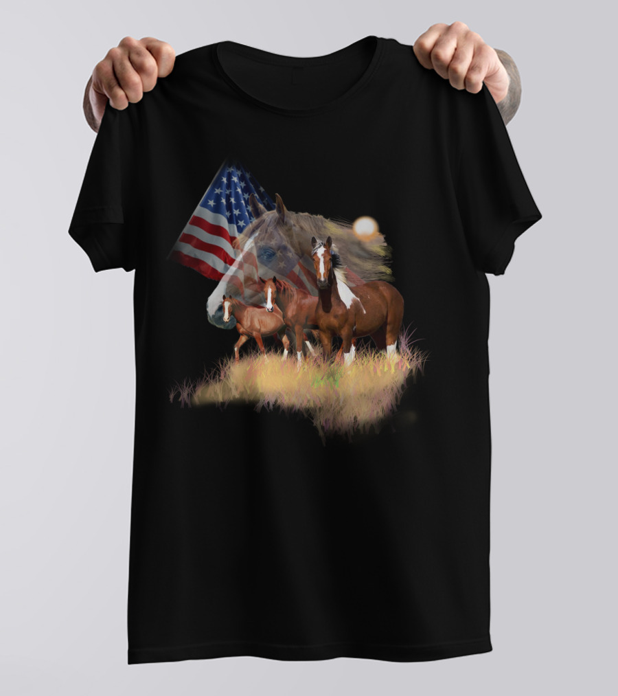 American Flag Majestic Horse Trio T-Shirt