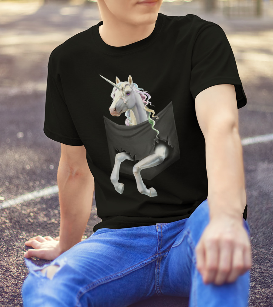 Unicorn Peeking From Torn Pocket T-Shirt
