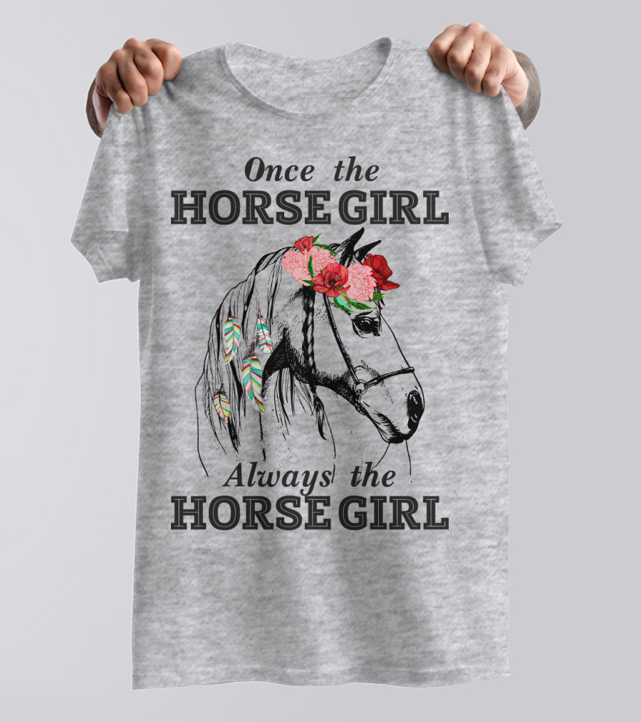 Once The HORSE GIRL Always The HORSE GIRL Floral Feather Adorned Horse T-Shirt
