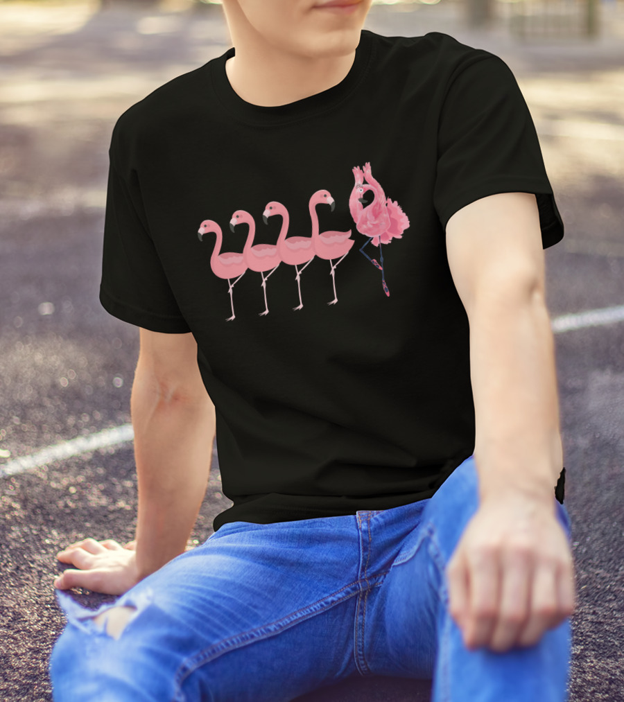 BALLET FLAMINGO IN TUTU AND SLIPPERS AMONGST FLAMINGOS T-Shirt