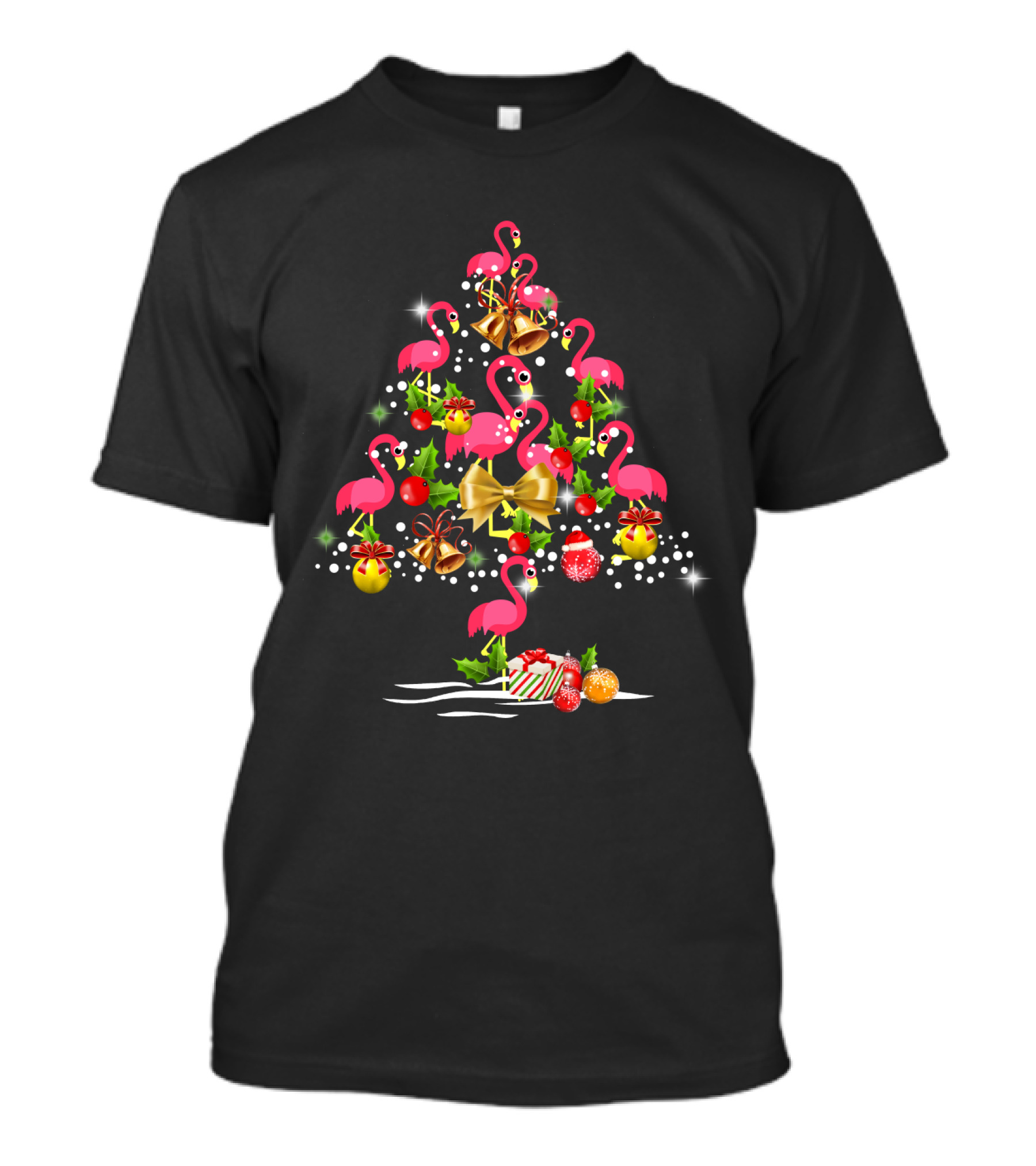 Flamingo Christmas Tree Festive Ornaments And Bells T-Shirt