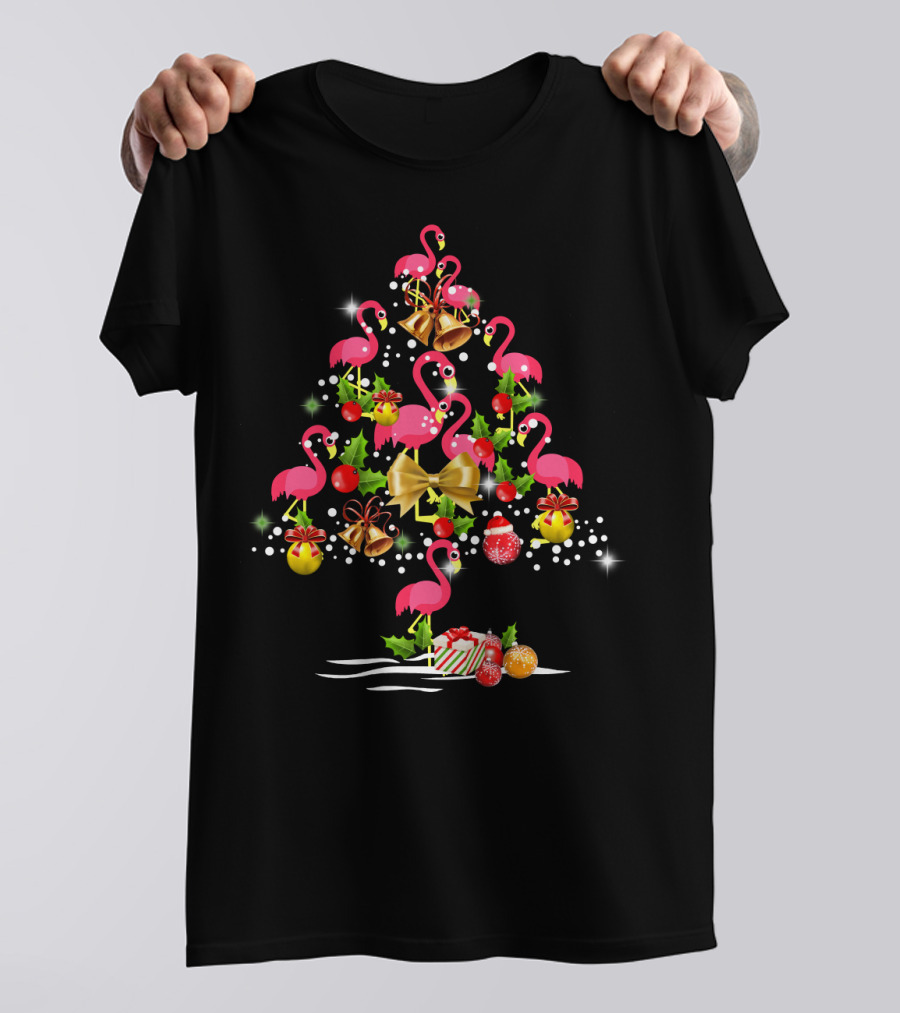 Flamingo Christmas Tree Festive Ornaments And Bells T-Shirt