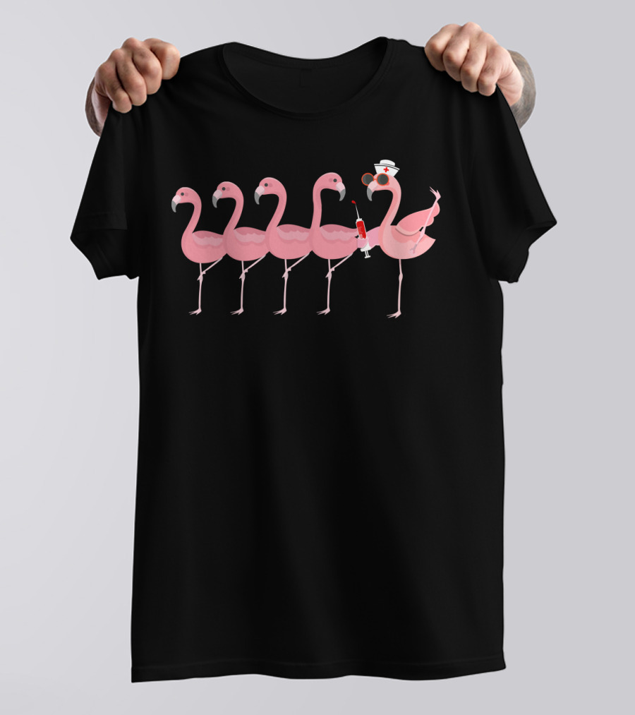 Nurse Flamingo With Syringe And Hat Among Flamingo Group T-Shirt