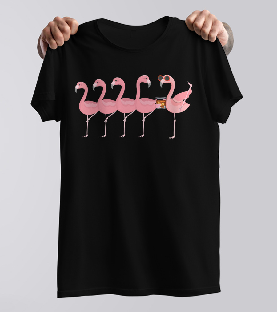 Whiskey Flamingos Lineup With Sunglasses And Drink T-Shirt