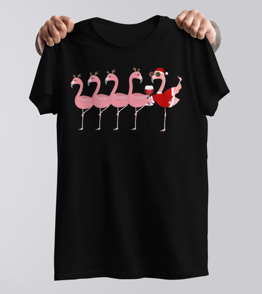 Christmas Flamingo Wine Santa Glass Holiday Party Reindeer Antlers T-Shirt