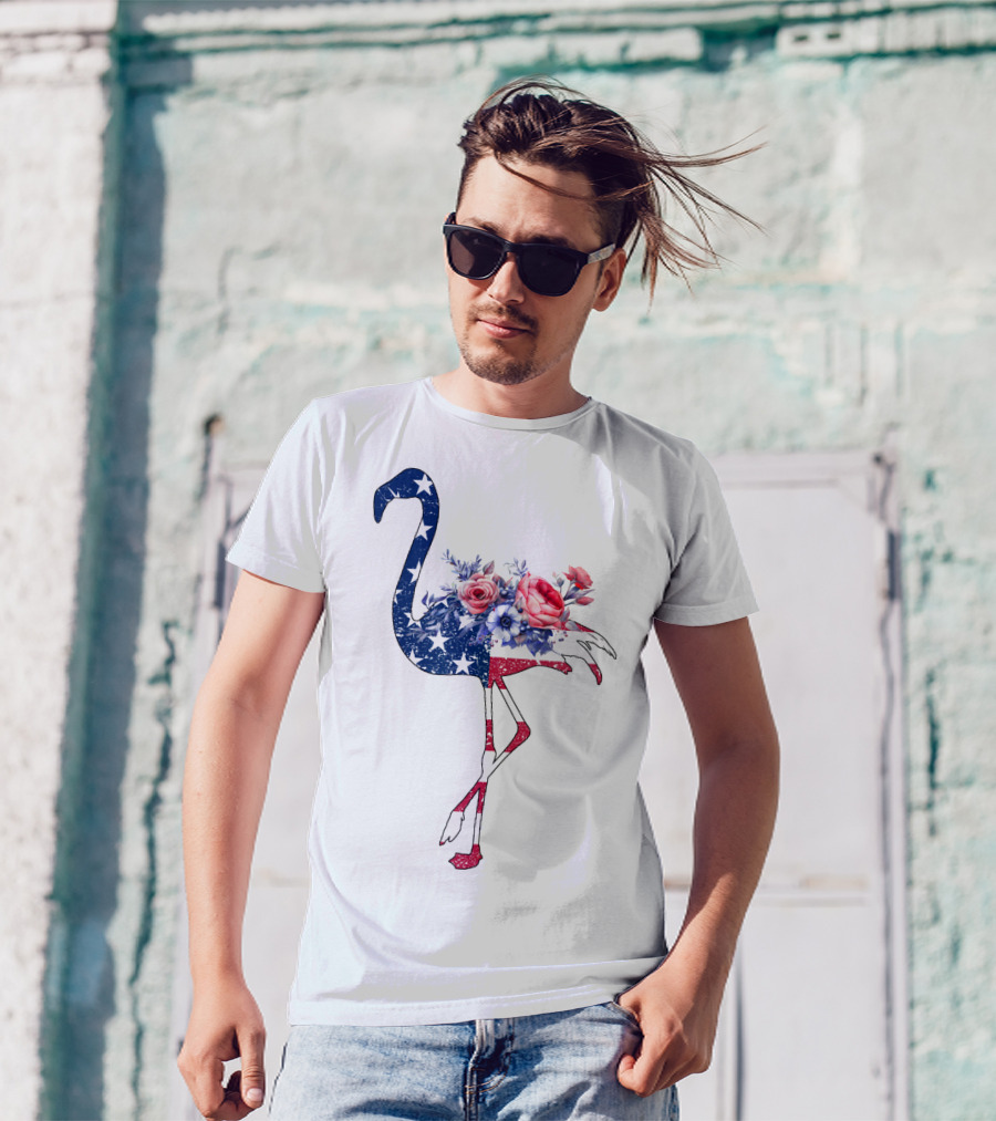 Flamingo American Flag Stars And Stripes With Floral T-Shirt