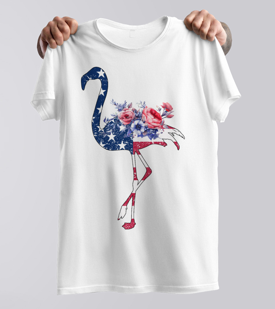 Flamingo American Flag Stars And Stripes With Floral T-Shirt