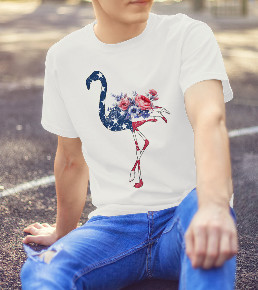 Flamingo American Flag Stars And Stripes With Floral T-Shirt